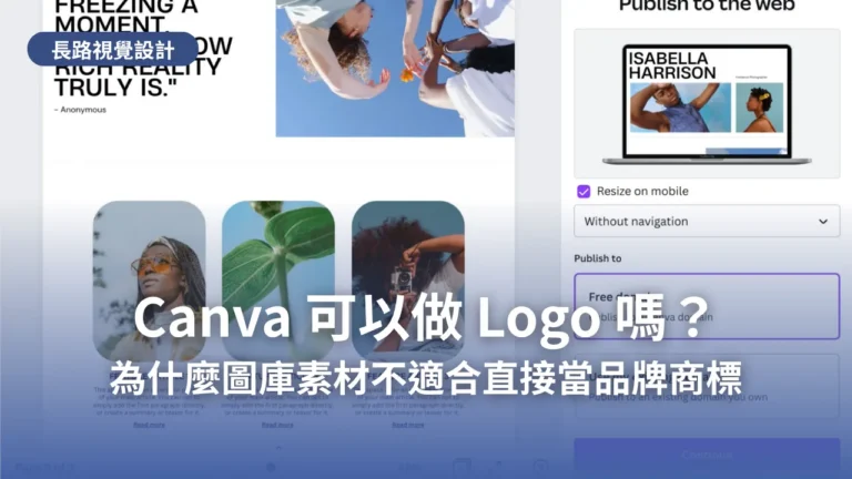 電腦螢幕上的 Canva 編輯與發布畫面，說明用 Canva 製作 Logo 的情境