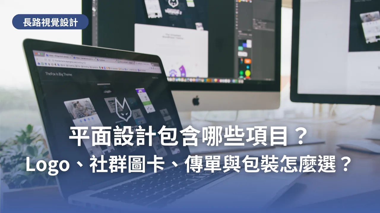 設計師的工作桌上有筆電與兩台外接螢幕，畫面顯示網頁與設計軟體，標題為「平面設計包含哪些項目？Logo、社群圖卡、傳單與包裝怎麼選？」